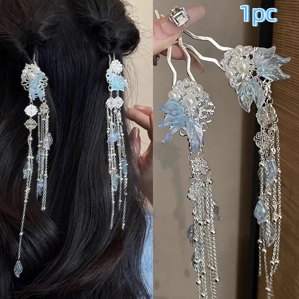 Retro Long Tassel U-Shaped Hairpin Women'S Chinese Style Hair Accessories Step-Vibrating Hairpin Hanfu Headwear