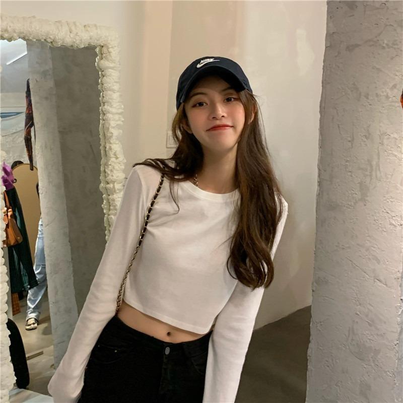 Basic Long-sleeved White Base Shirt Korean Version Short Crop T-shirt Female Autumn Decoration Body Slimming Top Tide