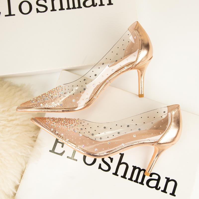 Fashion 2025 Spring New Shallow Mouth High-heeled Shoes Women's Slender Heel Pointed Crystal Pumps Rhinestone Banquet Wedding Shoes