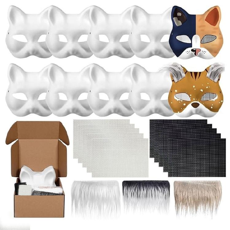 Cats  Foxes Mask with Furs Eye Mesh Felts Sheet Therians Dress Up Mask to Paint for Halloween Masquerade Cosplay Party