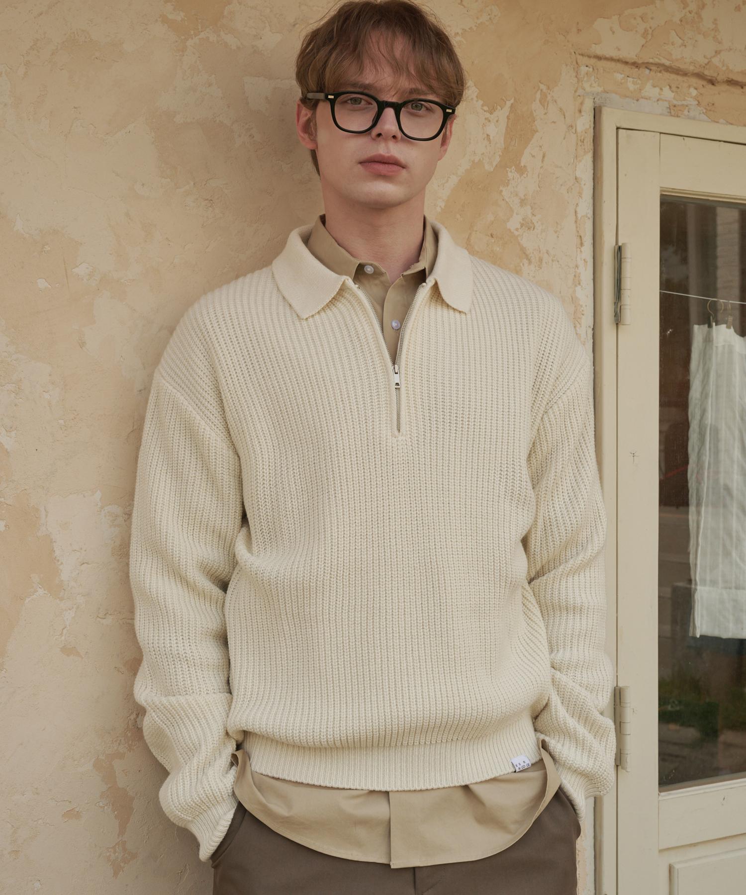 Iesn Punched Collar Neck Half-Zip Knit Cream M
