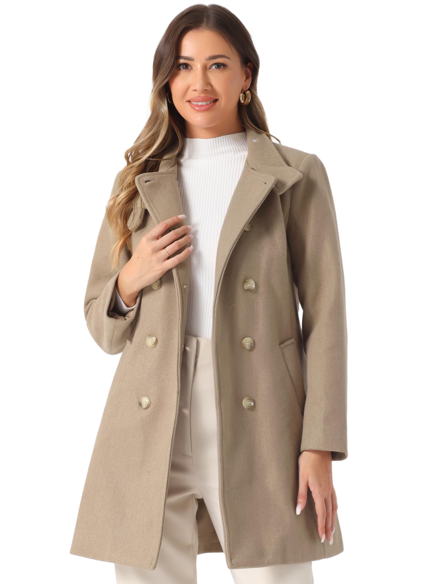 

Allegra K Women s Winter Double-Breasted Stand Collar Classic Peacoat, Brown, Size L
