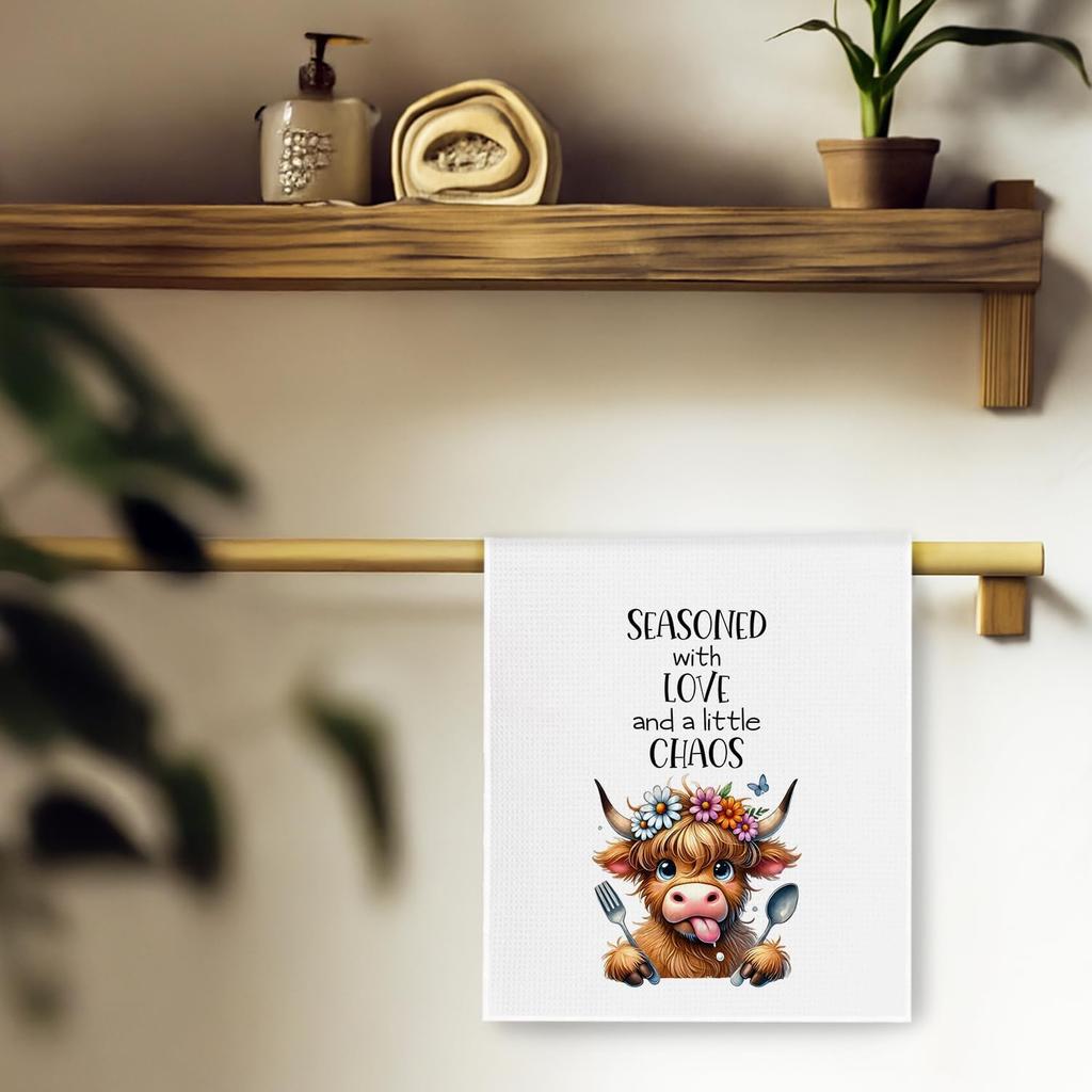 Funny Highland Cow Kitchen Towels Decor Gifts for Women, Farmhouse CuteHighland Cow Dish Tea Hand Towels for Kitchen Decor, 16x24 Inch