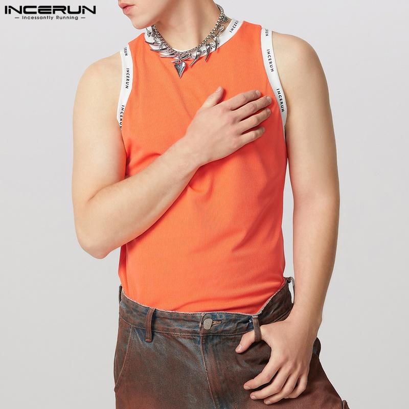 

INCERUN Men Round Neck Sleeveless Print Patchwork Rib Sport Summer Tank Tops 3XL оранжевый