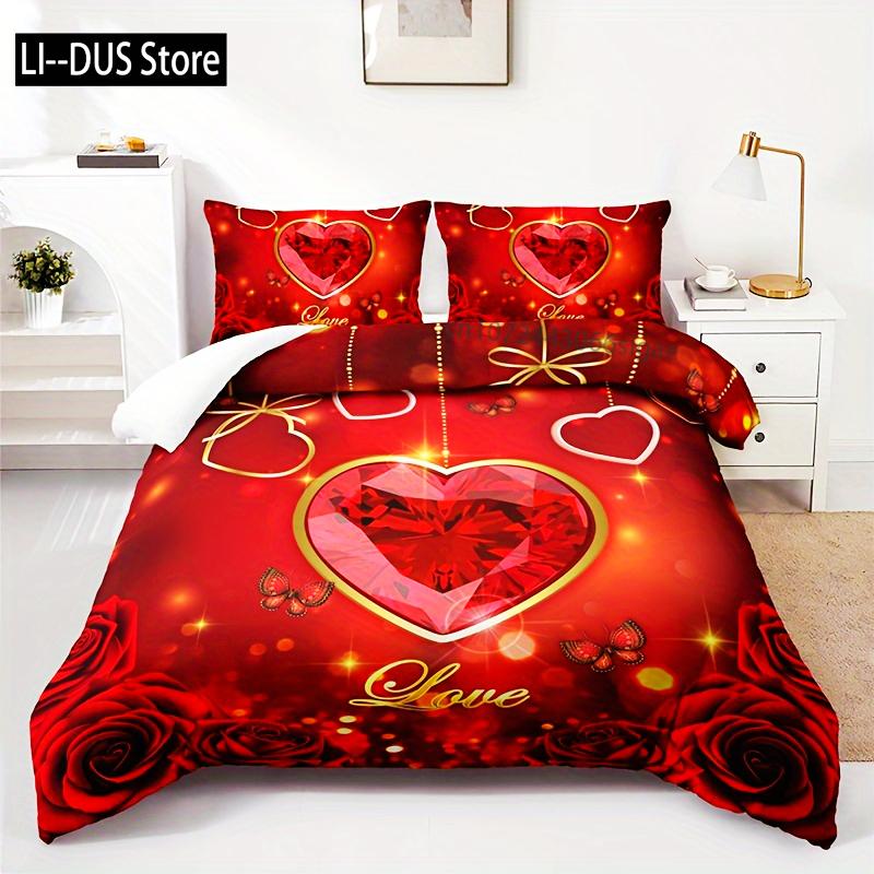 3pcs Bedding Set Queen Size Romantic Red Heart Rose Floral Butterfly Letter Duvet Cover Set Breathable Polyester For Bedroom