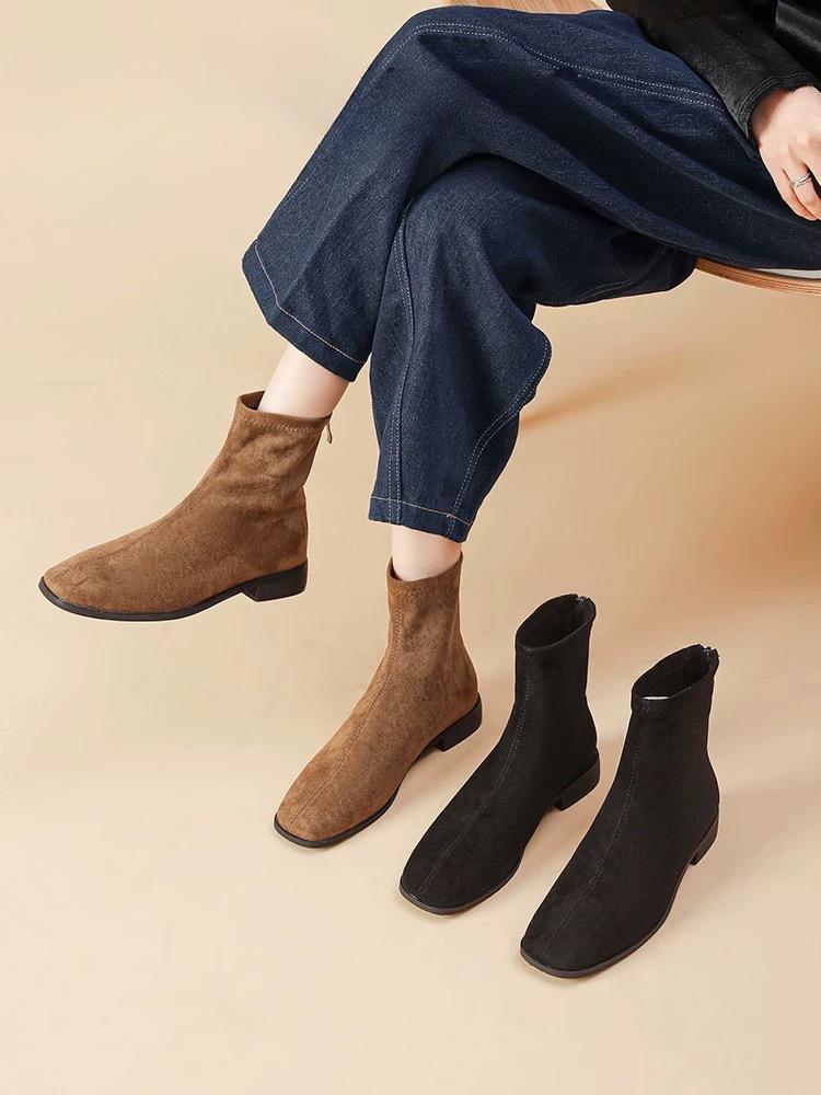 Retro Style 2025 Spring and Autumn New Thick Heel Small Square Head Black Elastic Wide Tube Boots Low Heel Women's Short Boots French