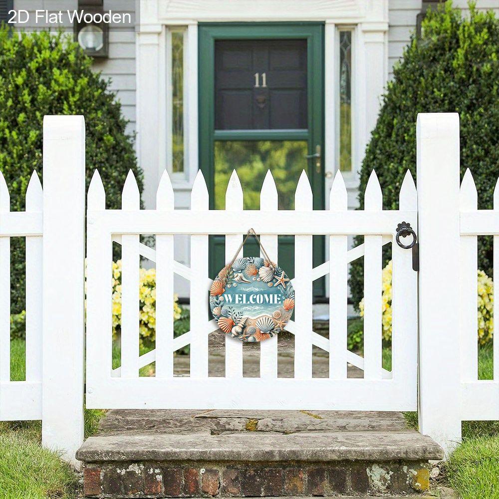 Welcome Seashell Coastal Round Wooden Hanging Sign, 2D Flat Wooden Nautical Front Door Decor