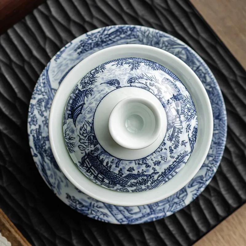 140ml Chiński Niebiesko-Biały Porcelanowy Gaiwan Filiżanka do herbaty Ręcznie malowana Ceramiczna Miseczka na herbatę Domowa Miseczka na herbatę Przenośne Naczynia do herbaty