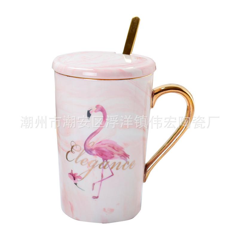 Flamingo With Lid Spoon Marble Pattern Ceramic Water Cup Couple High Value Creative Coffee Cup