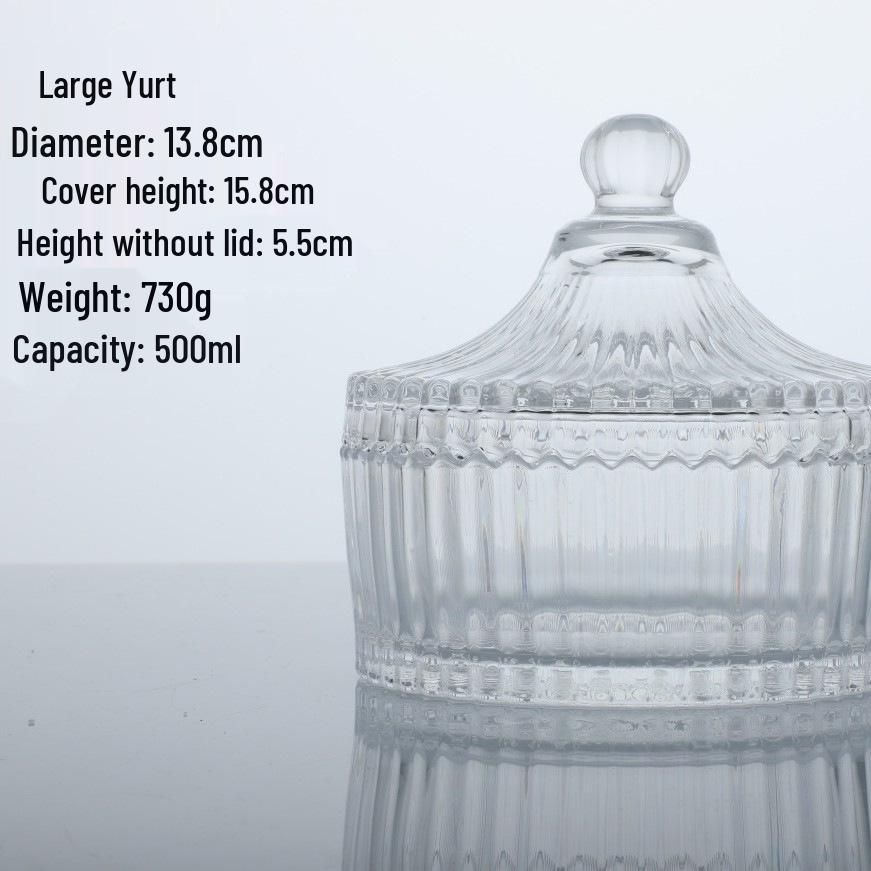 Clear Crystal Embossed Glass Yurt Candle Holder & Candy Jar with Lid