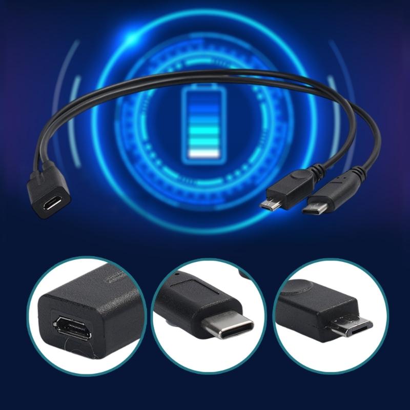 Double  Output Charging Cable Tiny  USB Female Input & Type C Male Plus Tiny  USB Male Outputs 27cm for Phones & Tablets