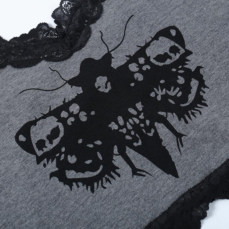 GMXIA Spice Lace Patchwork Halfter Dark Wind Persönlichkeit Moth Print Abnehmen Temperament Top Lady