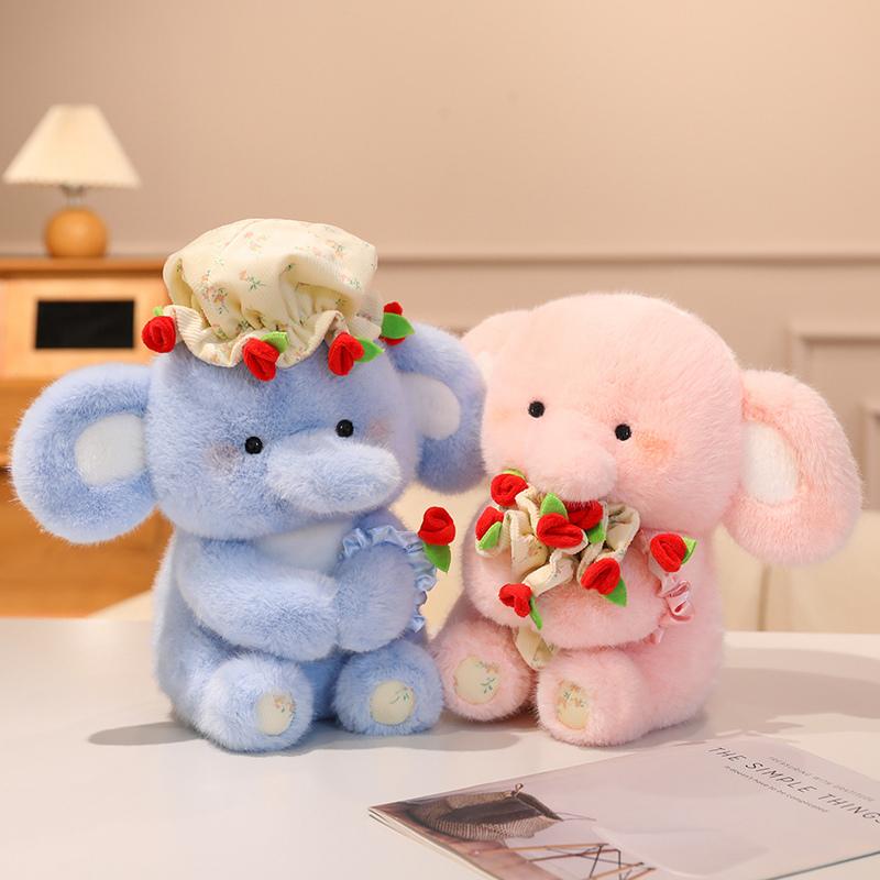 Adorable Sweet Elephant Hold Rose Bouquet Plush Doll Soft Stuffed Little Elephant With Flower Plushie Toy Cute Gift For Kids