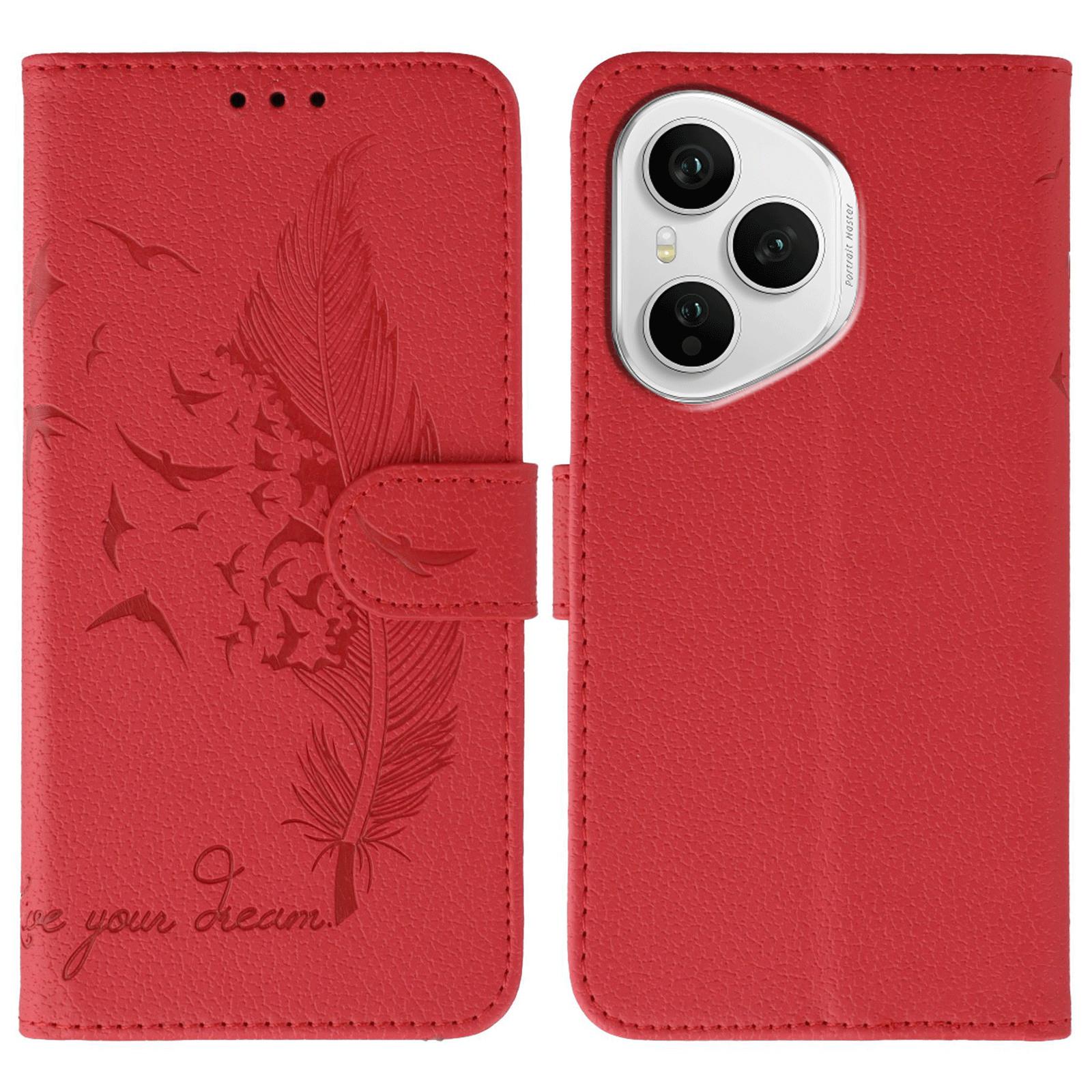 

Для Honor 400 Pro 5G (Глобальный) Чехол Кожаный кошелек с тиснением пера Чехол для телефона Red