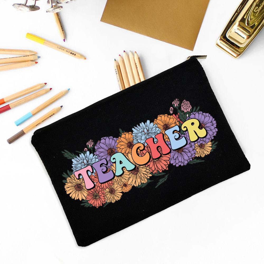 Teacher Flower Print Pencil Case Travel Makeup Bag School Stationery Supplies Storage Bags Wash Pouch Cosmetic Bags Teacher Gift