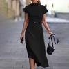 Lady Dress Solid Color Short Sleeve Half High Collar Tight Waist Oblique Hem Office Dress Female Clothes