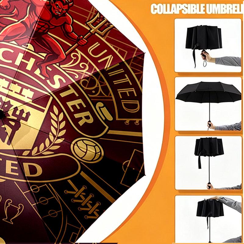 Custom Name Personalized Manchester United Print Umbrella, Auto Open Close, 8‑Rib Sturdy Frame, Commute Camping Hiking Use, Birthday Gift
