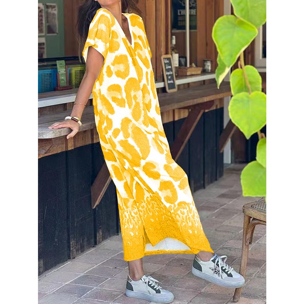 Dámské maxi šaty s véčkovým výstřihem a krátkým rukávem Volný střih Elastický pas Elegantní šaty s leopardím potiskem A-line pro jarní cestování na pláž