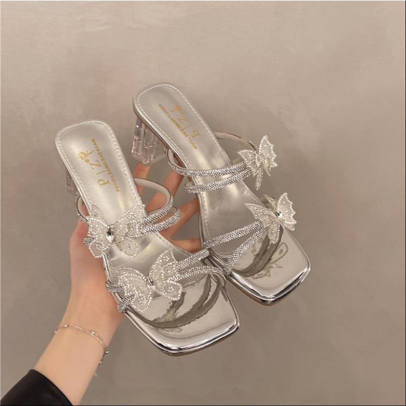 Fashion Crystal Butterfly Straight Strap Sandals Summer New Square Toe Open Toe Pull-in Foot Non-slip Clear Square Heel Cool Mopping