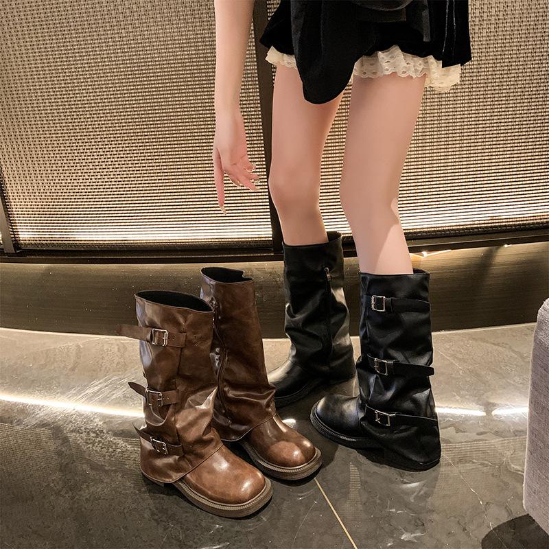 Niche Retro Thick Heel Mid-height Boots Western Cowboy Stack Boots Knight Boots Early Autumn Martin Boots French Women's Boots