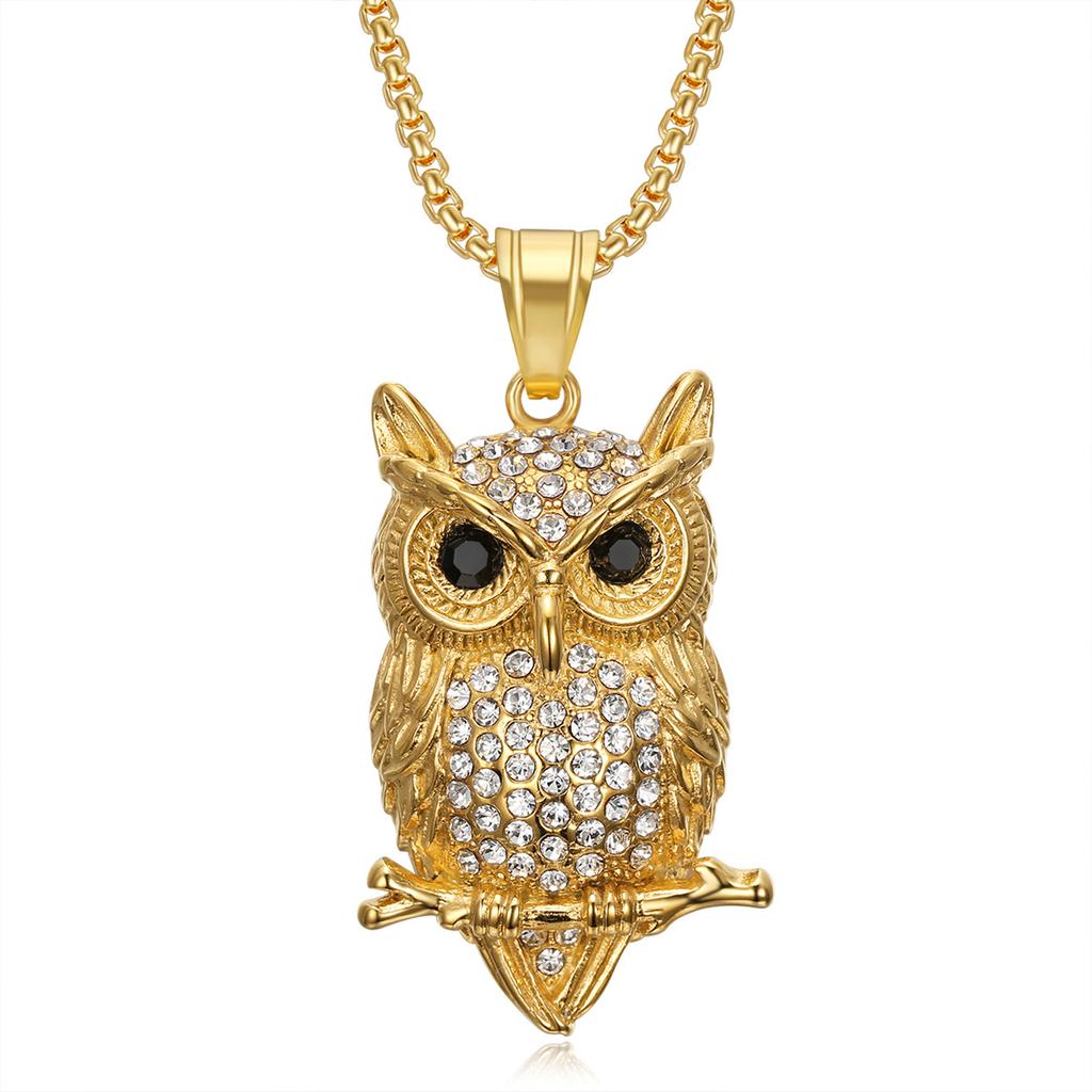 Neuer Hip-Hop Schmuck Titanstahl Vergoldet Diamantbesetzt Eulen Anhänger Halskette