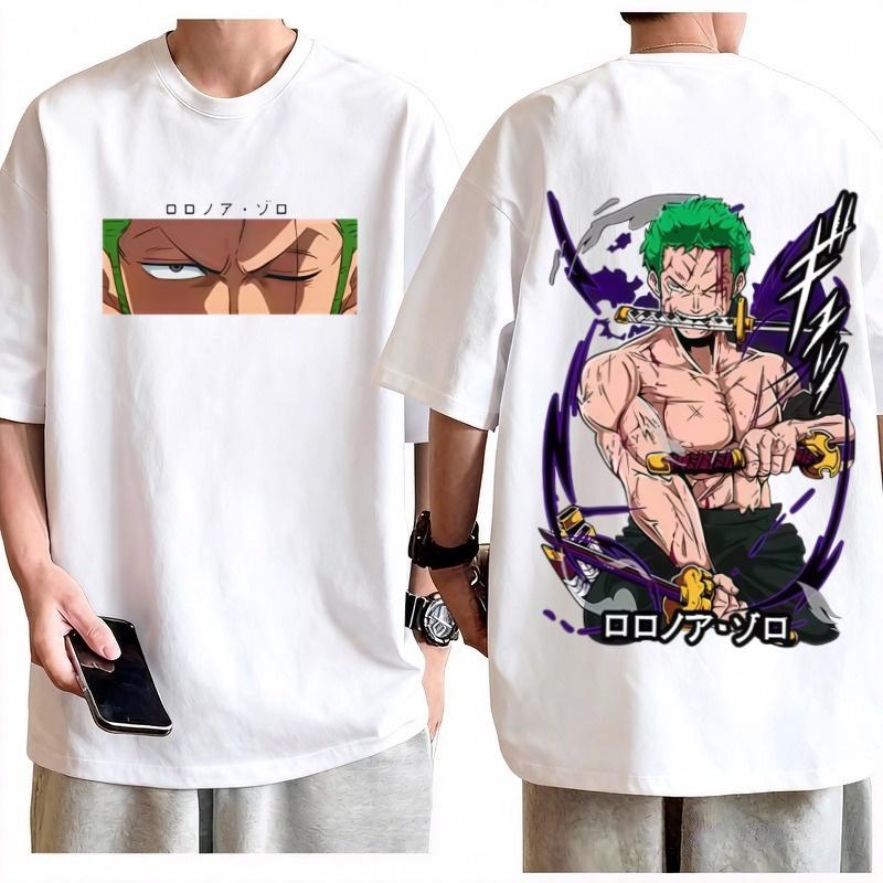 Roronoa Zoro Retro Triple Sword TShirt Men Oversized Cotton Anime Graphic Tee Casual Streetwear Breathable Loose Crew Neck Top