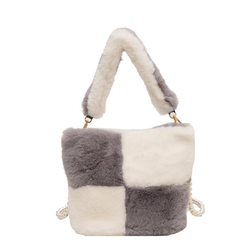 

Женская пушистая сумка через плечо с цветными блоками, плюшевая сумка-ведро серый