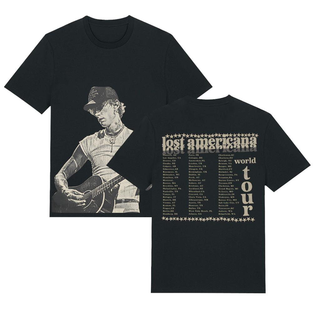 

MGK Dated Print Tee Machine Gun Kelly Lost Americana World Tour Top Cotton Short Sleeve Summer Unisex Casual Tshirt XS чёрный