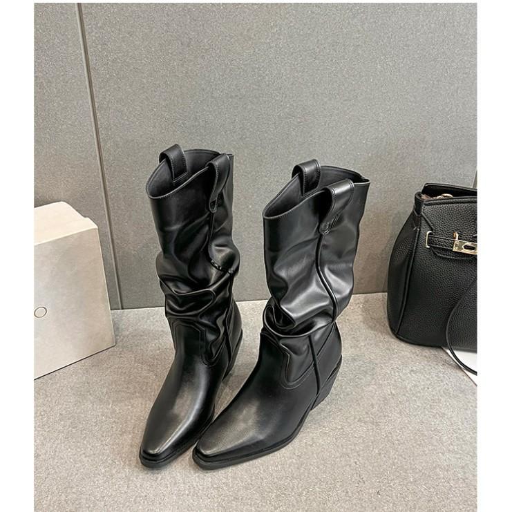 Wu Xin's Same Pointed-toed Thin Thick-soled Heightening Medium Boots 2025 Autumn and Winter Retro Versatile Thick-heeled Western Cowboy Boots
