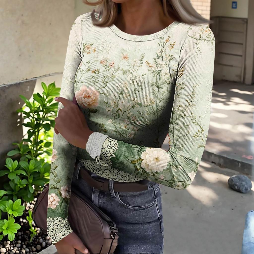 Women's Slim Bottom T-shirt Fashion Casual Gradient Printing Round Neck Pullover Long Sleeve Top