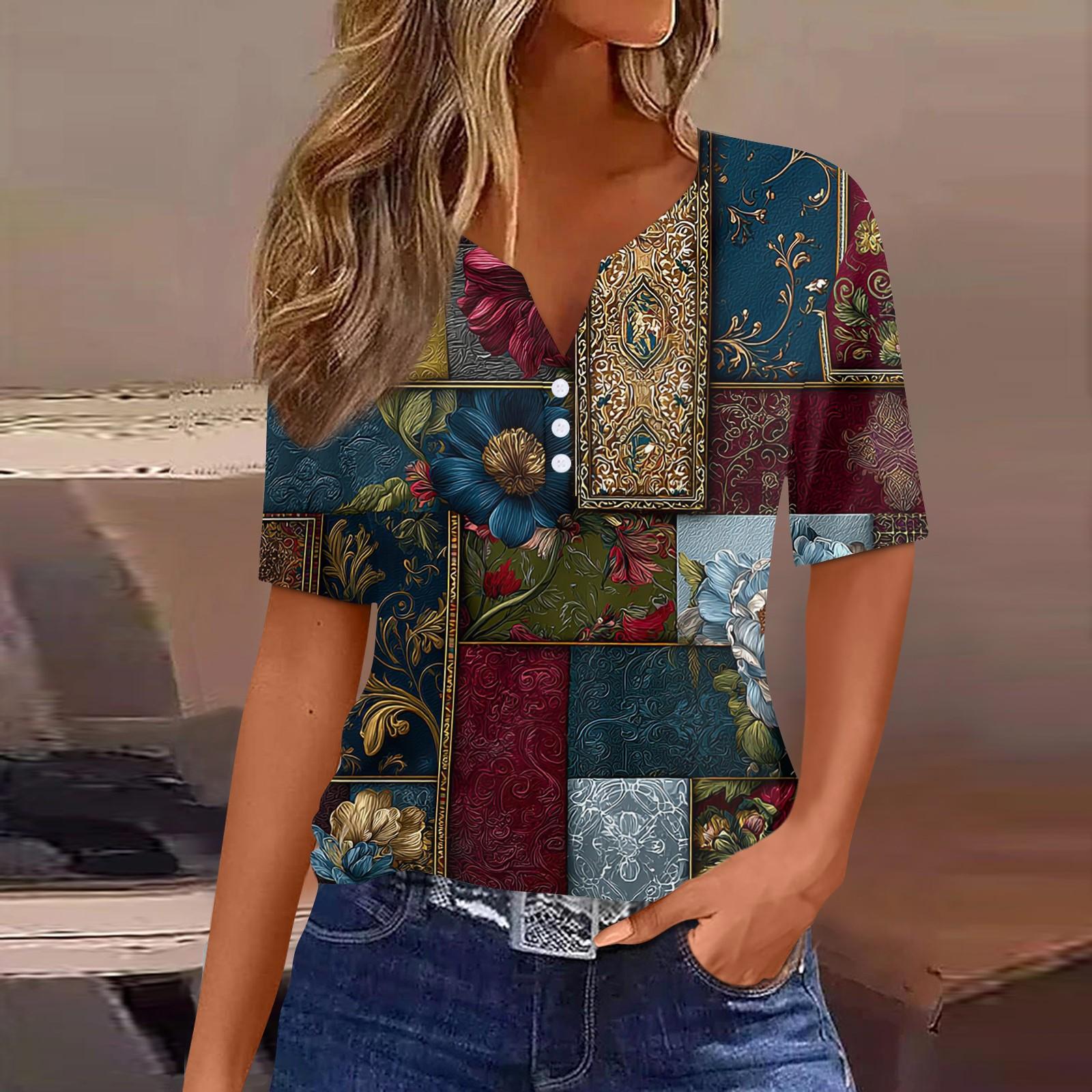 

Женская модная повседневная ретро-принт V-образный вырез короткий рукав декоративная пуговица футболка топ L армия зеленый