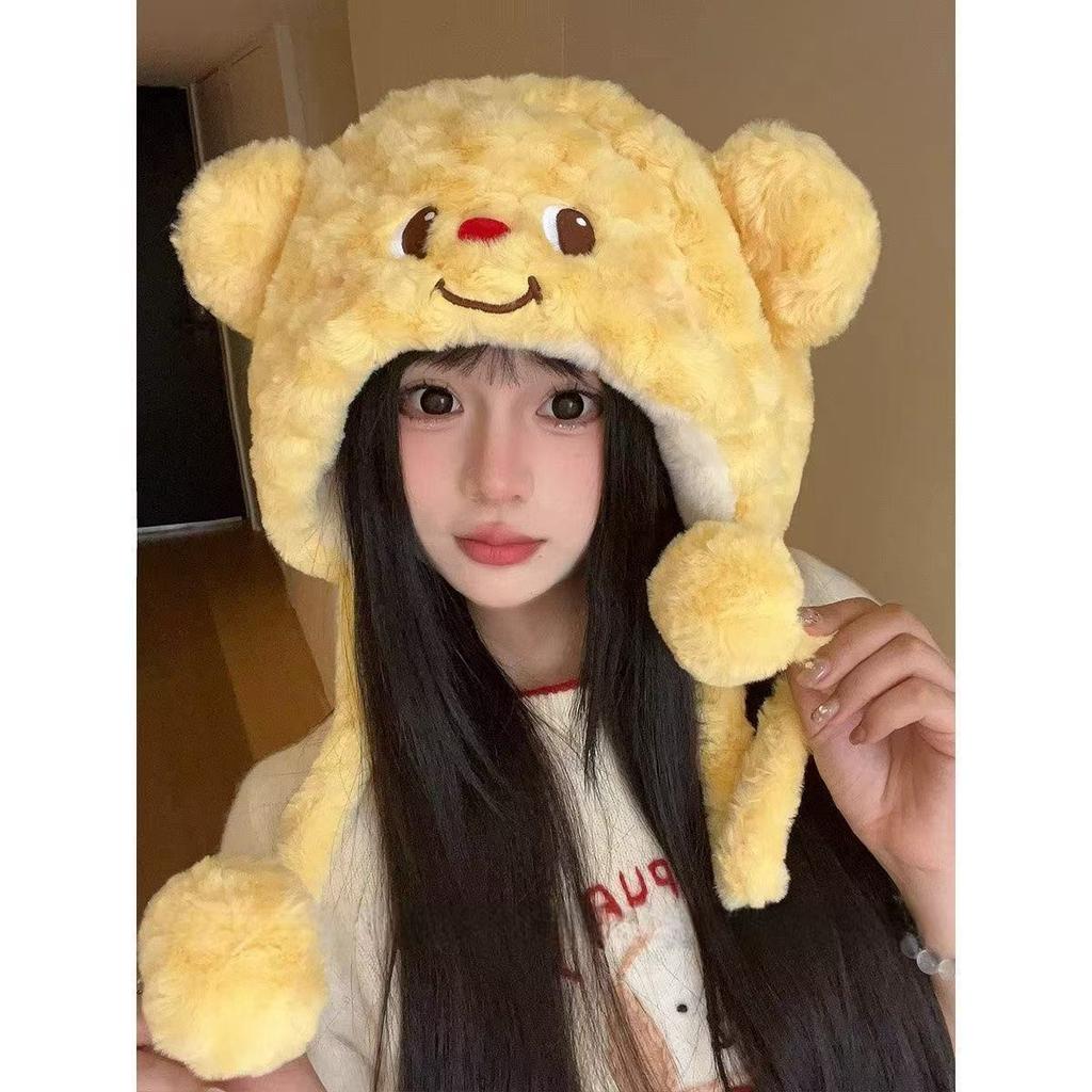 New butter bear plush hat for women, versatile in winter, showing a small face, cold protection, warm ears, big head circumference, Lei Feng hat