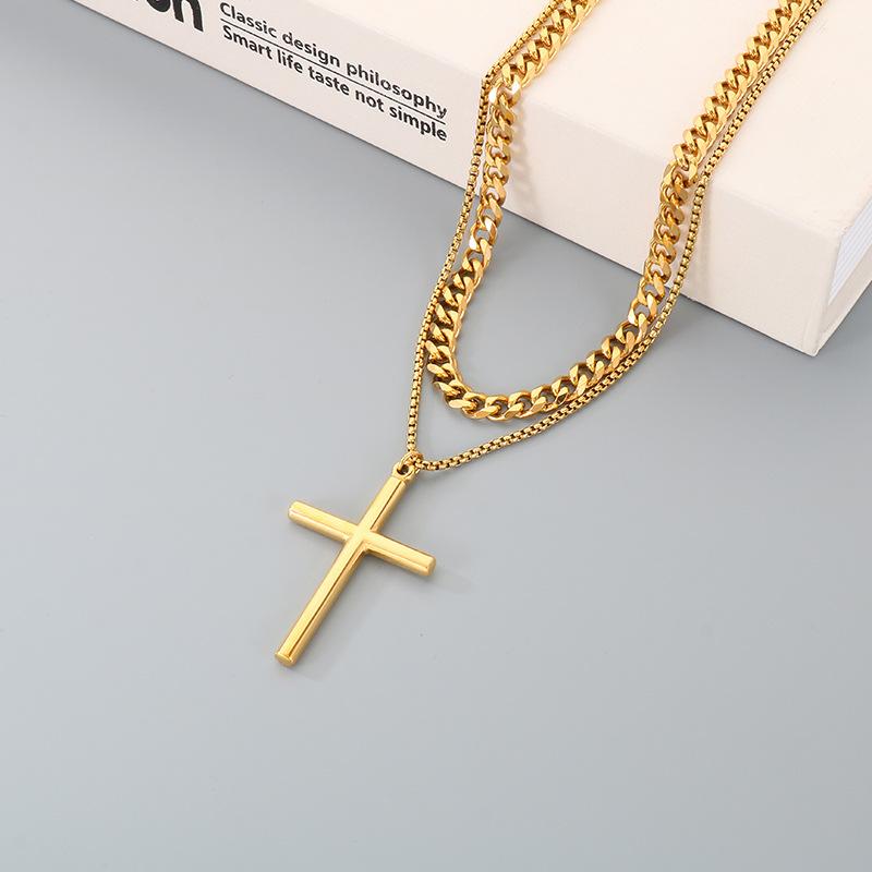 2026 Fashion Hipster Men's Cross Necklace Stacked Strap Chain Simple Jewelry