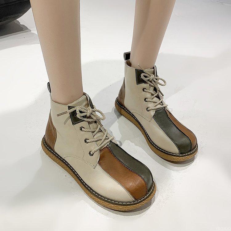 Dámské kotníkové boty Nové 2024 Retro kožené šněrovací dámské boty Vintage podzimní ležérní ploché krátké boty Botas De Mujer