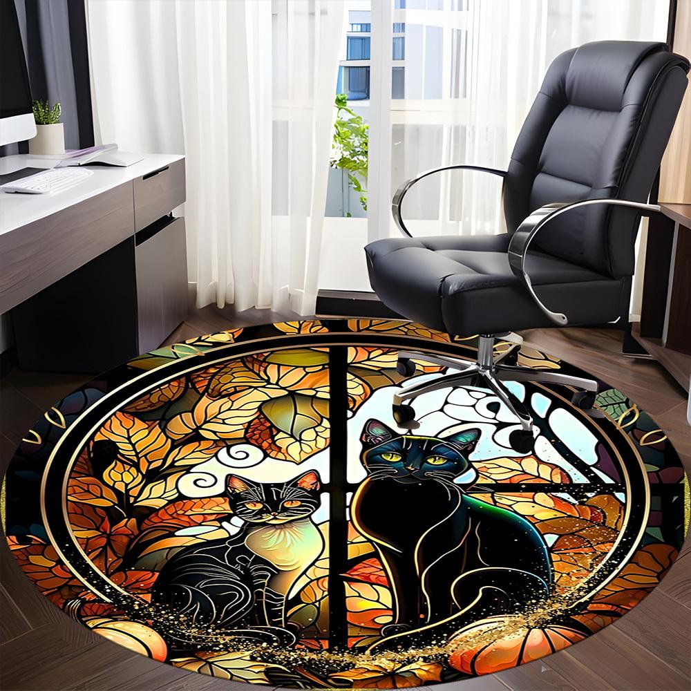 1pc Cat Autumn Office Round Area Rug, Indoor Mat Suitable ForOffice, Under Office Chairs Bedroom Living Room Home Decor, Room Deco D032