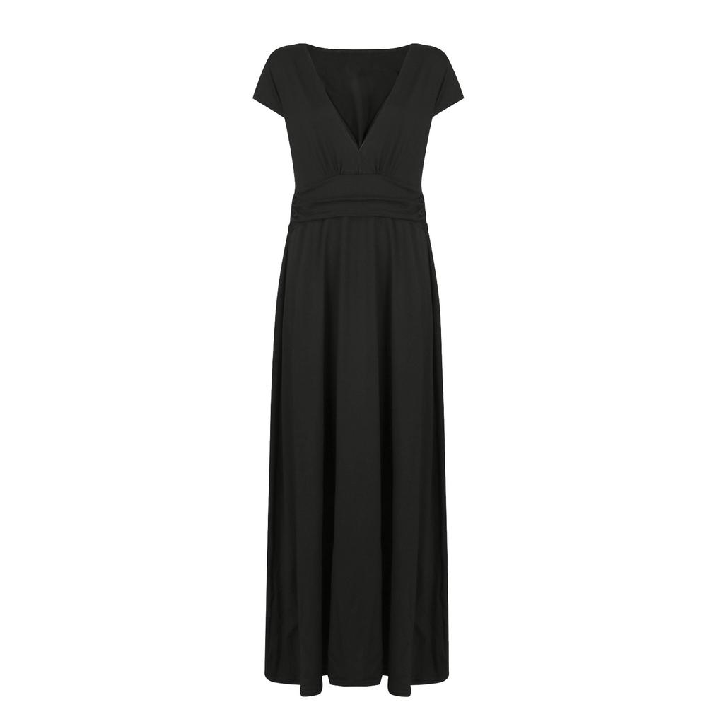 Damen Farbiges Deep V-Ausschnitt Kurzarm Langes Kleid Plissiert Hohe Taille Geschlitztes Kleid