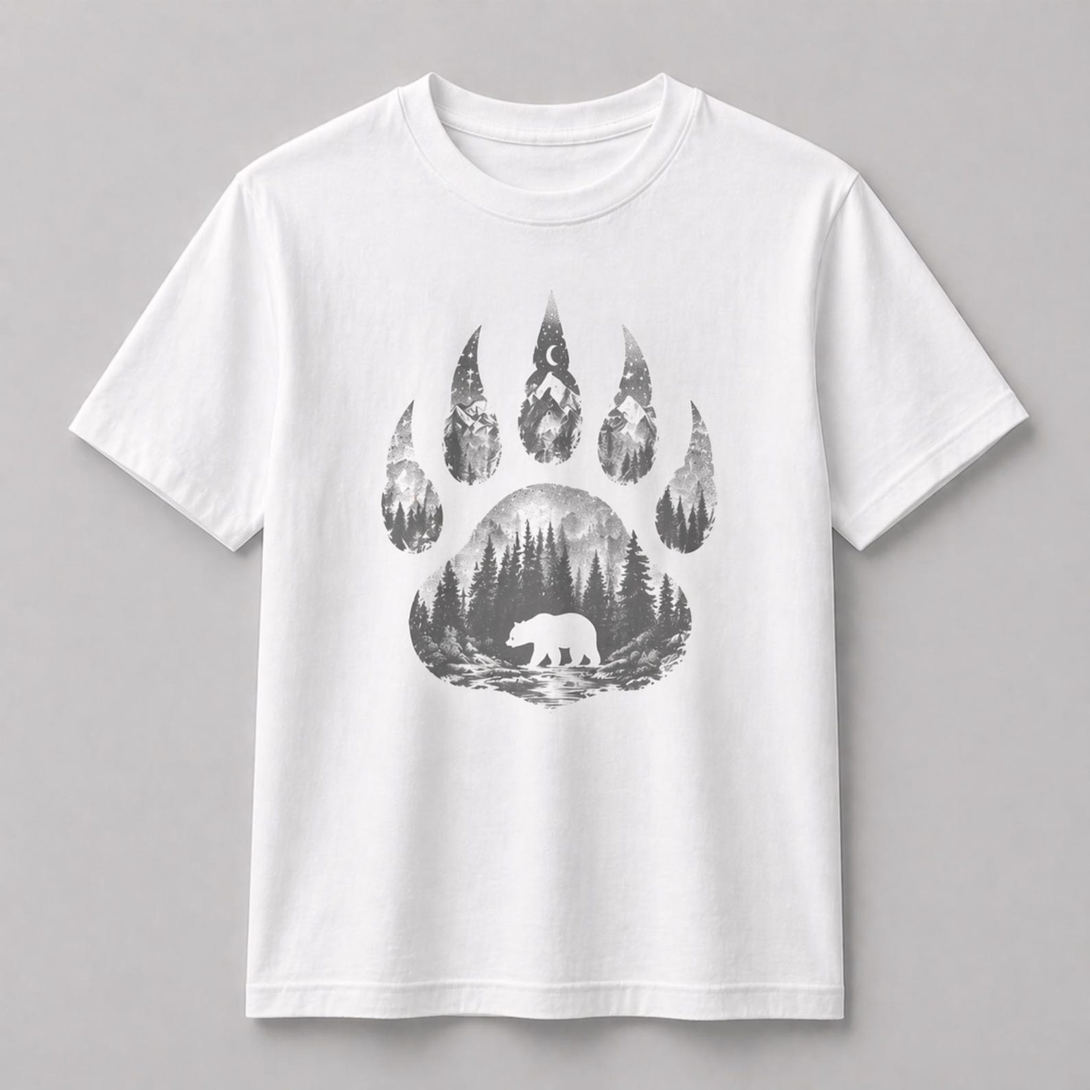 Mountain Spirit Bear Paw Graphic T-Shirt – Nature Forest Silhouette Tee 2XL