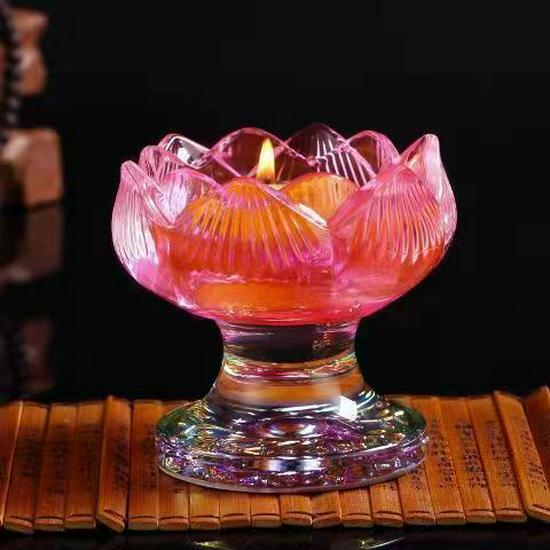 Colorful Lotus Crystal Glass Ghee Lamp Holder for Buddha Offering