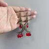 Gothic Bronze Bat Earrings, Moon and Drops, Red Crystal Magic