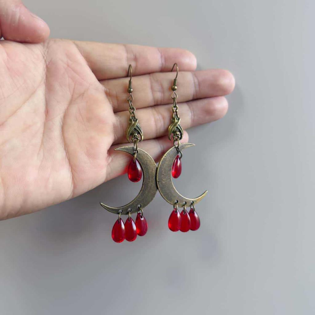 Gothic Bronze Bat Earrings, Moon and Drops, Red Crystal Magic
