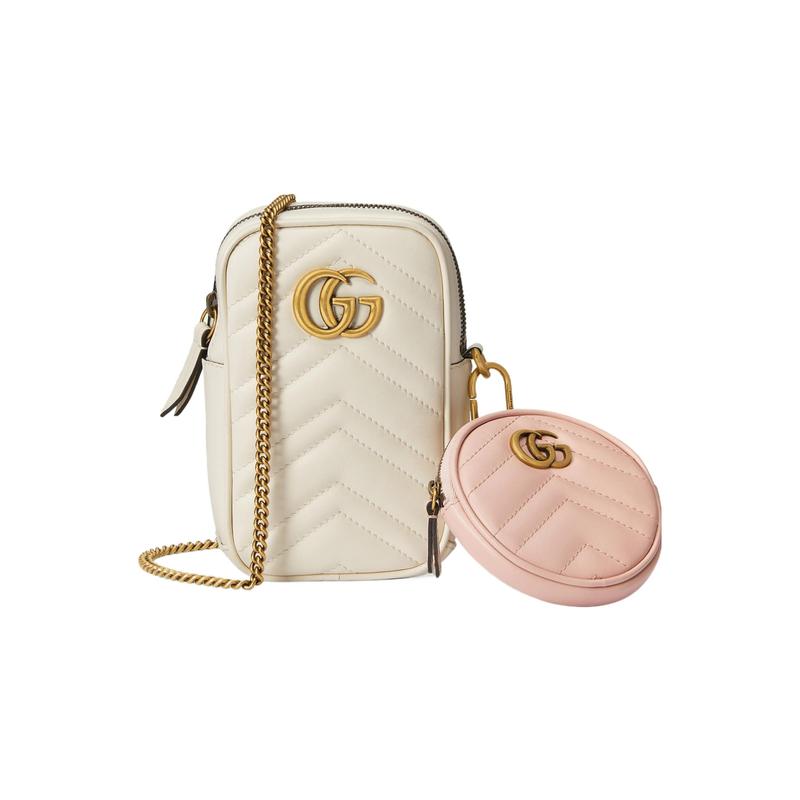 Gucci GG Marmont distressed vintage gold hardware V-shaped quilted leather coin purse mini women's white