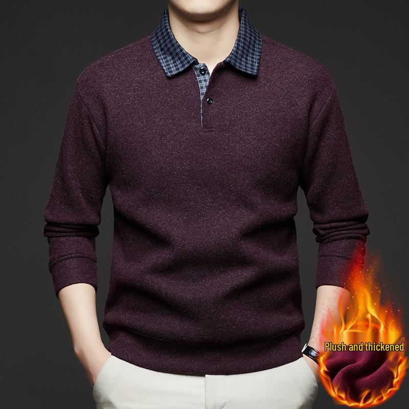 2025 Fall/Winter Men's Faux Two-Piece Sweater - Plus Velvet, Solid Color, Warm Knit Base Layer for Middle-Aged Dads