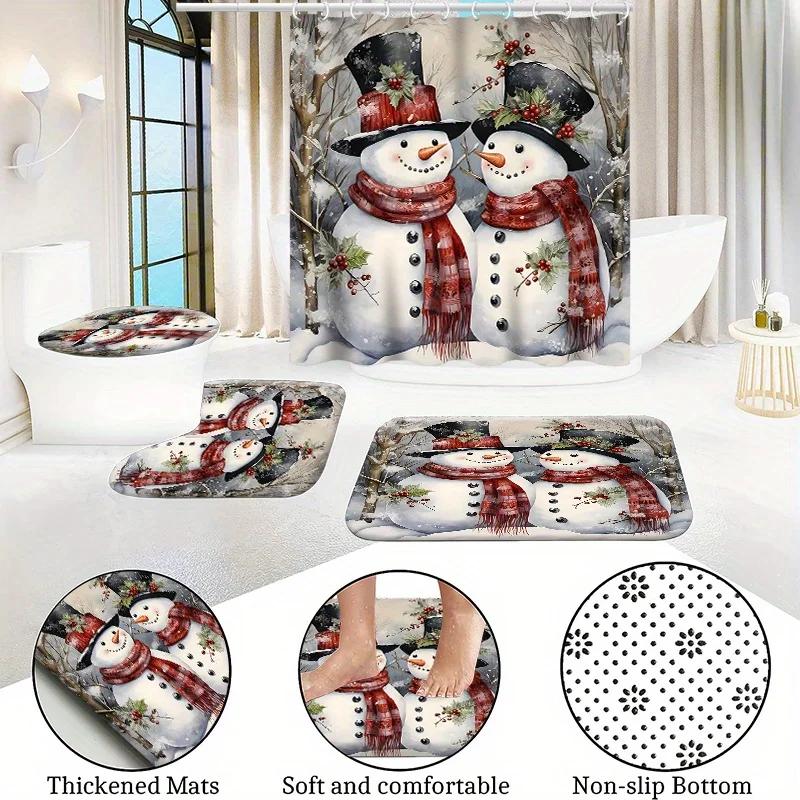 Weihnachts-Badezimmer-Dekorationsset Mit Wasserdichtem Polyester-Badezimmer-Ensemble, Schneemann-Thema, Enthält 12 Haken, Rutschfester Toilettensitzbezug