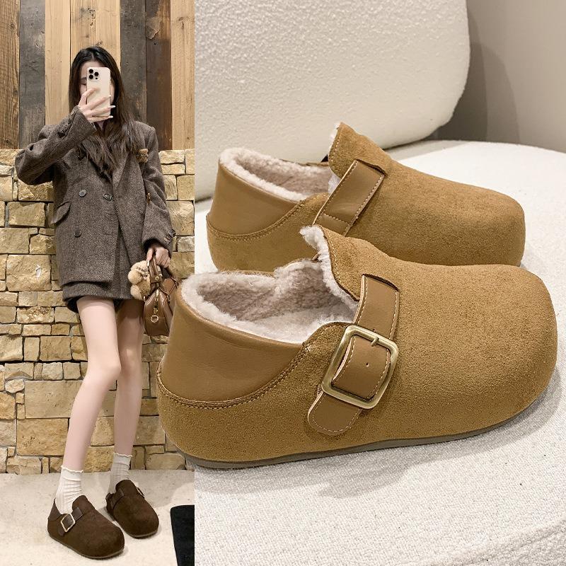 Leather thick-soled velvet two-wear women's shoes, new winter warm inner heightening bag head loafers cotton shoes