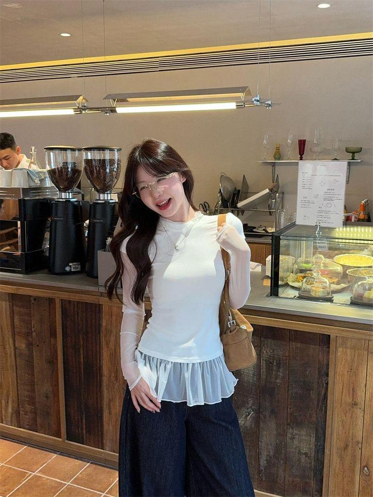 Available Now: Sweet Mesh Patchwork Two-Piece Layered T-shirt - 2025 Korean Style, High Neck, Long Sleeve, Base Layer.