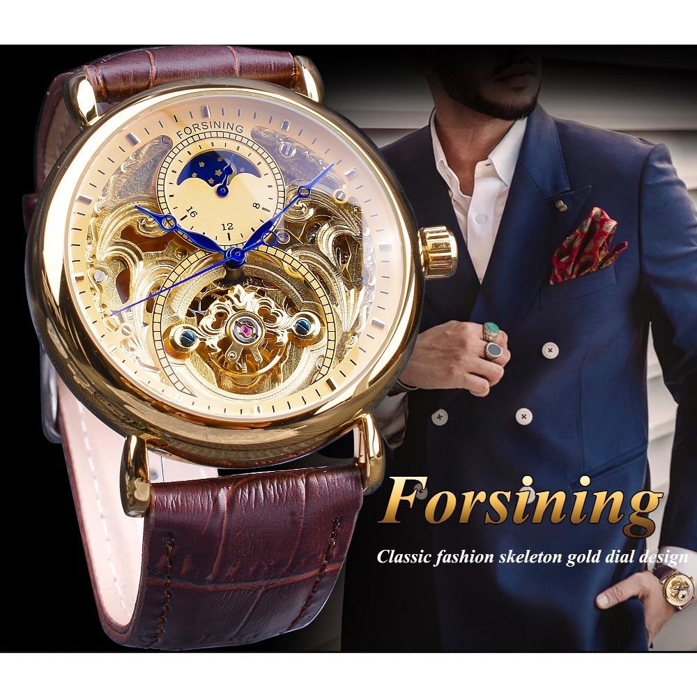 Forsining Men's Fashion Casual Hollow Moon Phase Carved Hollow Automatic Mechanical Watch GMT1125-5-W