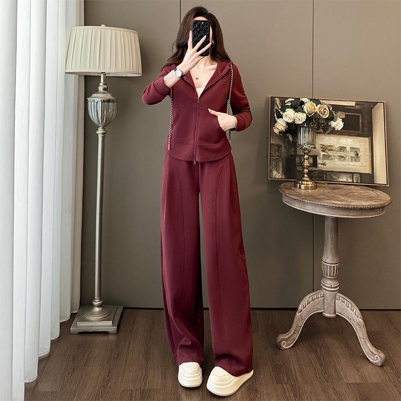 Spring Casual Fashion Set: Women s Korean-Style Zipper Cardigan Hoodie with Wide-Leg Pants, Two-Piece Set M