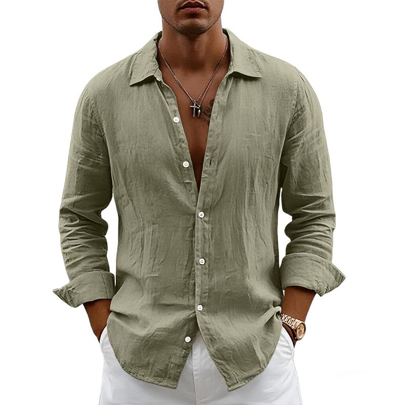 New Men's Solid Color Long Sleeve Shirt Linen Cotton Shirts Trend Plus-size Lapel Collar Casual Lightweight Beach Tops