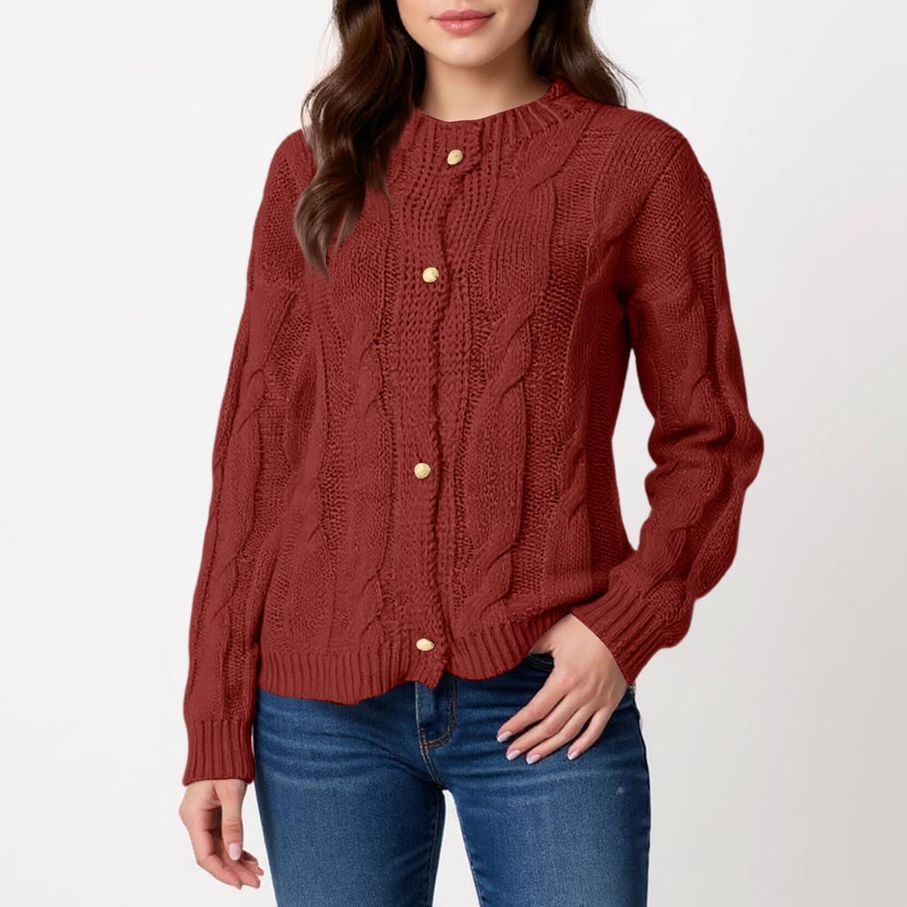 Damen Rundhals Langarm Zopfmuster Strickjacke Einfarbig Locker Gestrickte Strickjackenpullover Jacke