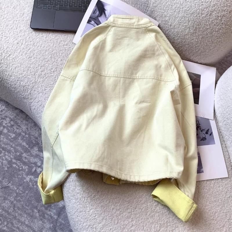 Women Color Denim Cropped Baseball Jacket Spring Korean Casual Round Neck Zip Up Outerwear for Petite Girls